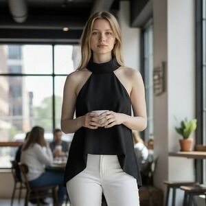 FINDERS Blouse‎ Womens XL Black Cropped Halter Button Lined Party Cocktail